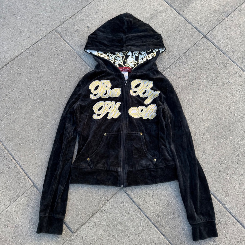 Baby Phat Black Velour Zip Up Hoodie Y2K Cat Logo Embroidered Women Medium